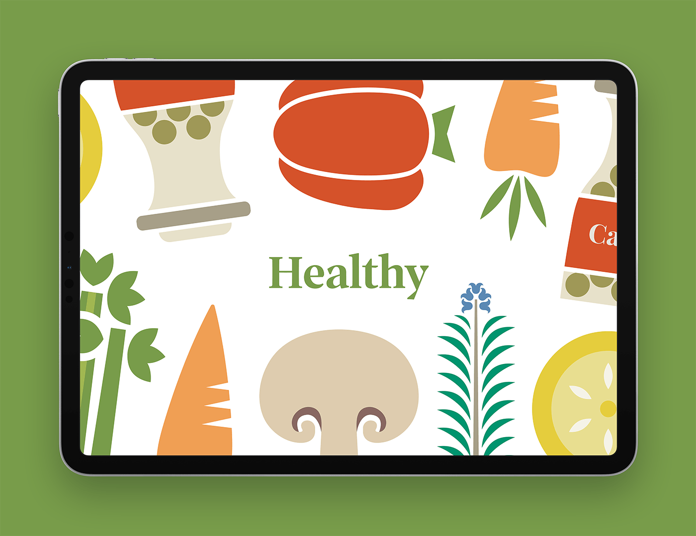 Cookbook page shown on an iPad screen, with the word 'Healthy' surrounded by illustrations of different healthy foods