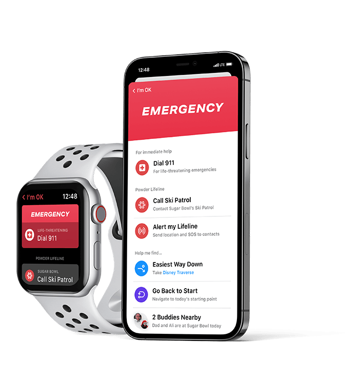 Powder's Emergency screen displayed on an Apple Watch side-by-side with Powder's Emergency screen displayed on an iPhone