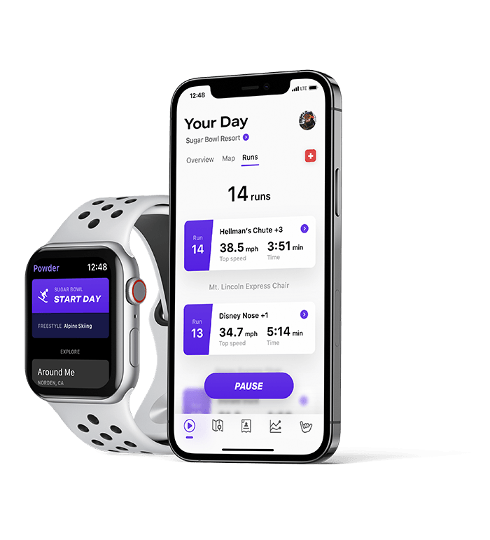 Powder's Your Day screen displayed on an Apple Watch side-by-side with Powder's Your Day screen displayed on an iPhone