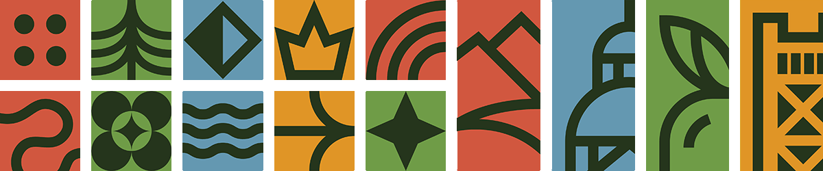 A tiling pattern of the graphic illustrations for the CSDC Conference; they are made up of dark green shapes against red, blue, gold, and light green square backgrounds