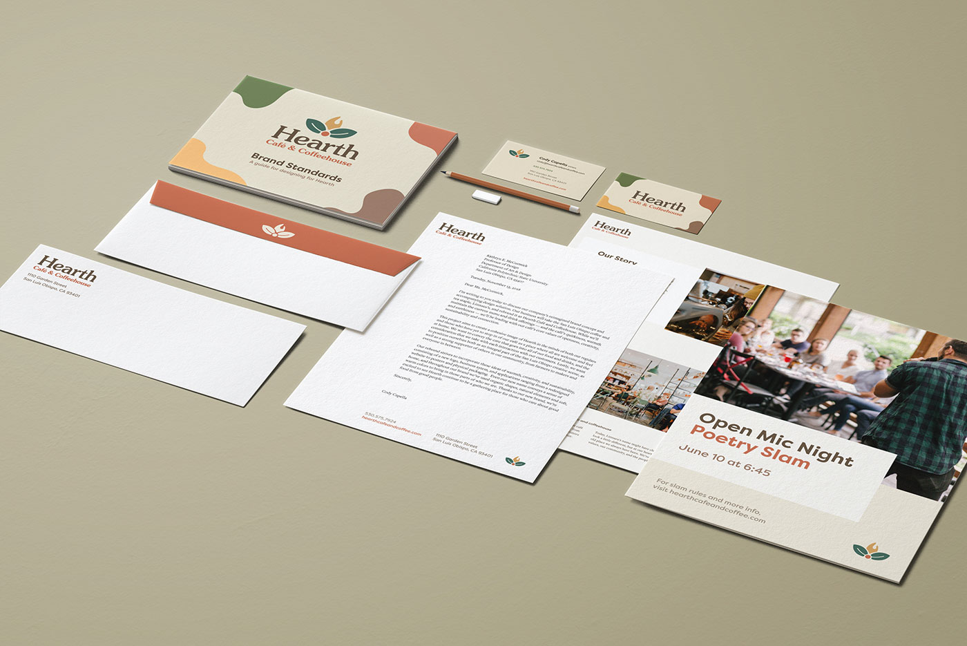 Hearth's identity system, including business cards, envelope, letterhead, and brand standards manual
