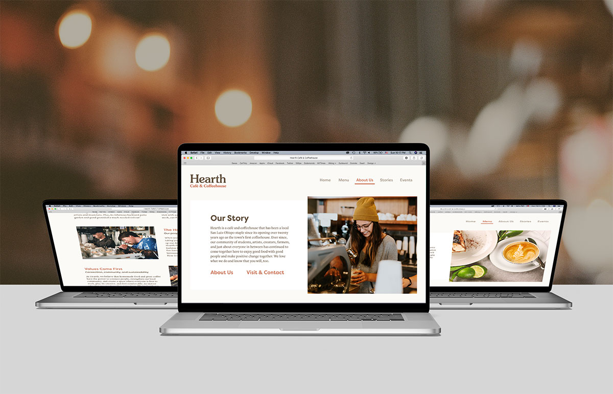 Three pages of the Hearth website displayed in three laptops, lined up side-by-side