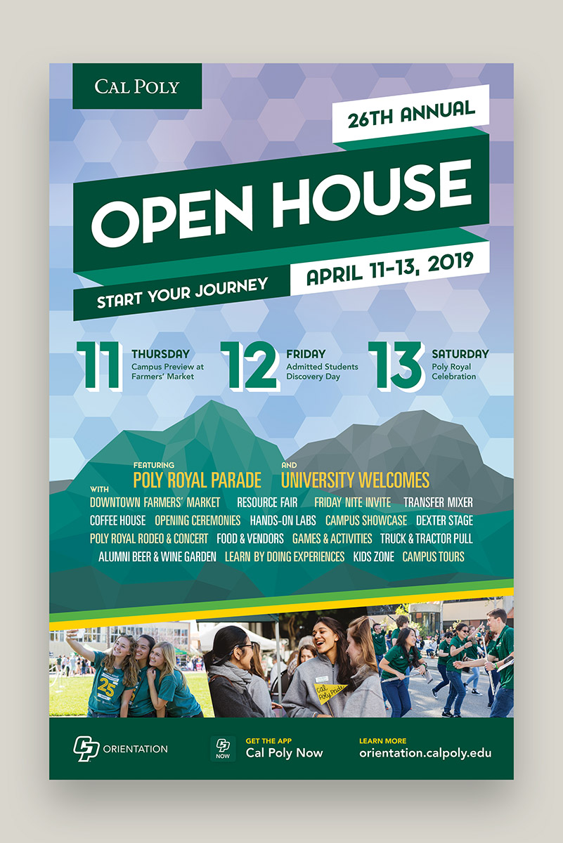 A poster for Cal Poly's Open House 2019 event set against a light tan background. The poster features the event graphic, dates, event information, and images from past Open House events.