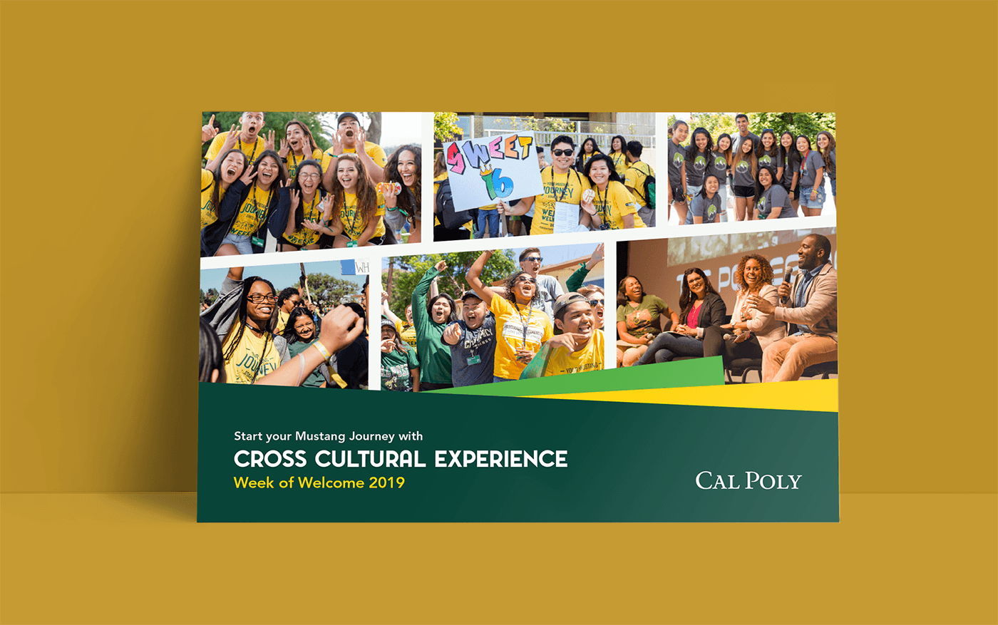 A postcard for the Week of Welcome Cross Cultural Experience set against a light tan background. The postcard features a tagline and imagery of students cheering during Orientation events.