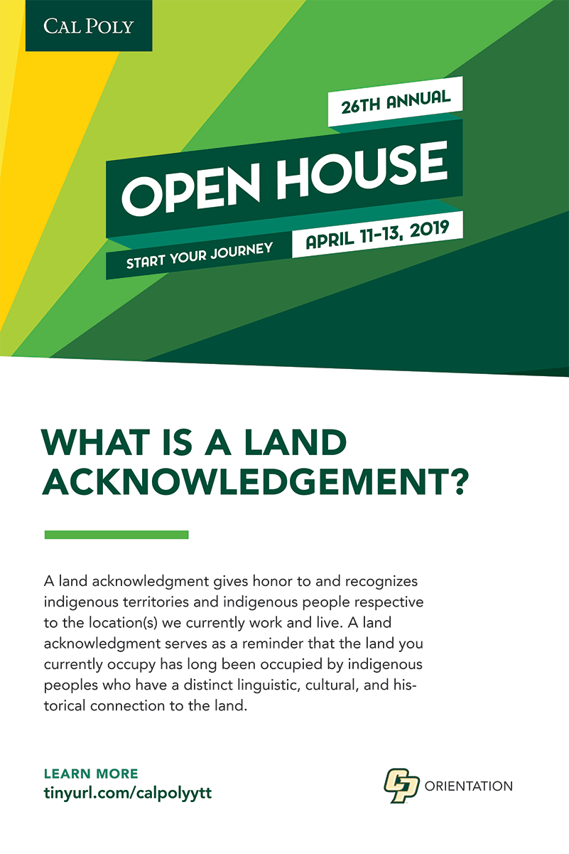 A print document I designed for Cal Poly Orientation showing the title 'What is a Land Acknowledgement?' with body copy set against a dark green background