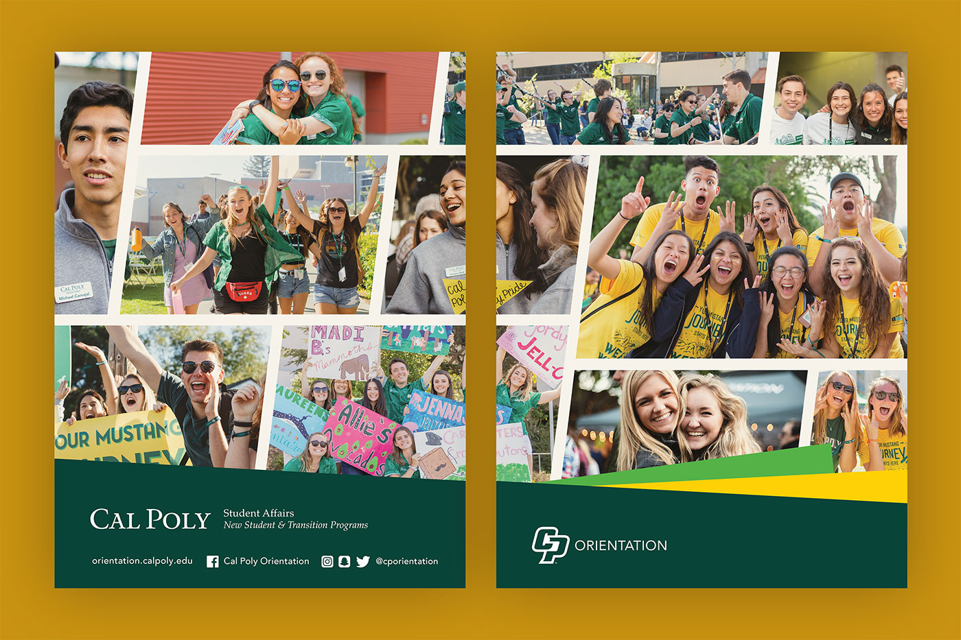 A folder for new students set against a light tan background. The folder features program graphics and photos of students at various Orientation events.