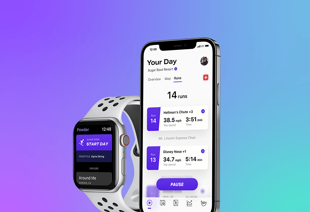 Powder app preview in an iPhone and Apple Watch