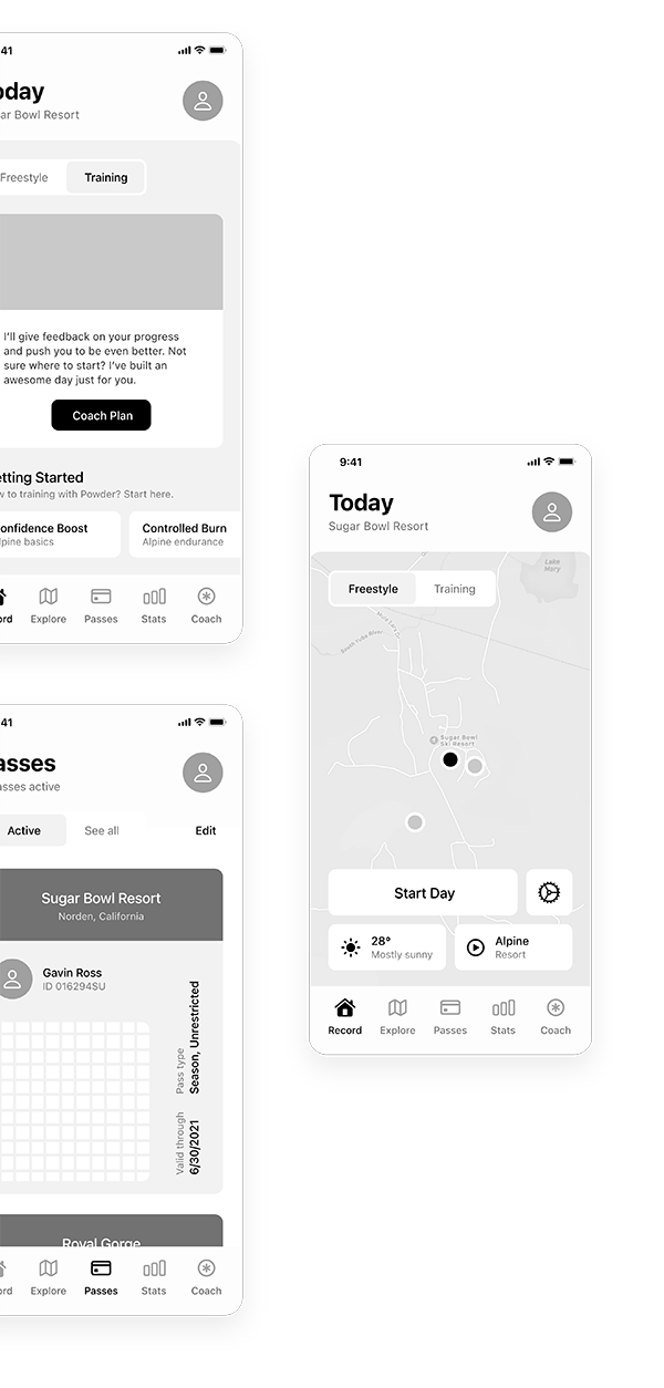 Three screenshots of the iPhone prototype of Powder. It shows the Your Day, Training, and Passes screens in grayscale, all set against a gray background. The screens are shown without any of the refinements, including color, images, and type, that were added in later.