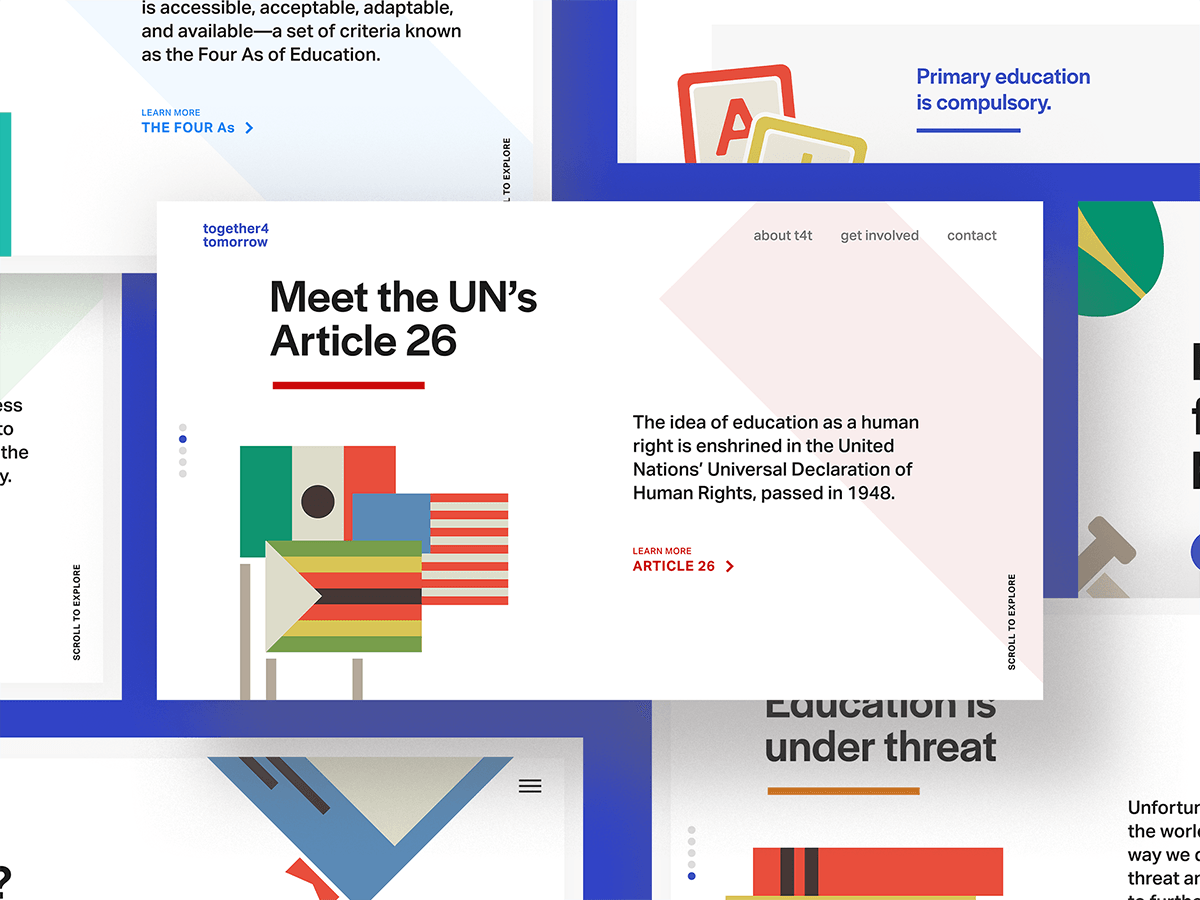 Several screens of the together4tomorrow website, all overlapping one another