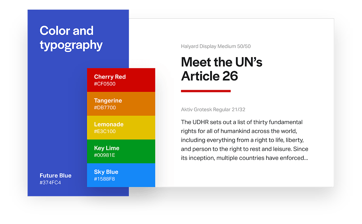 A sample of together4tomorrow's color palette and typography. It shows swatches for the main color, Future Blue, as well as five secondary colors and two type styles: Halyard for headings and display type, and Aktiv Grotesk for body copy.