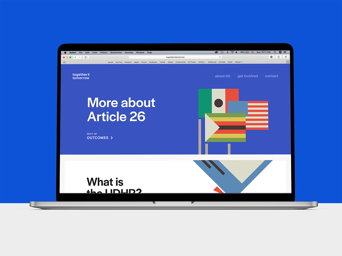 The first detail page of together4tomorrow's website in a MacBook Pro, showing a headline titled 'More About Article 26' against a blue background. A graphic of three flags from different countries is displayed beside the headline, and body text follows below.