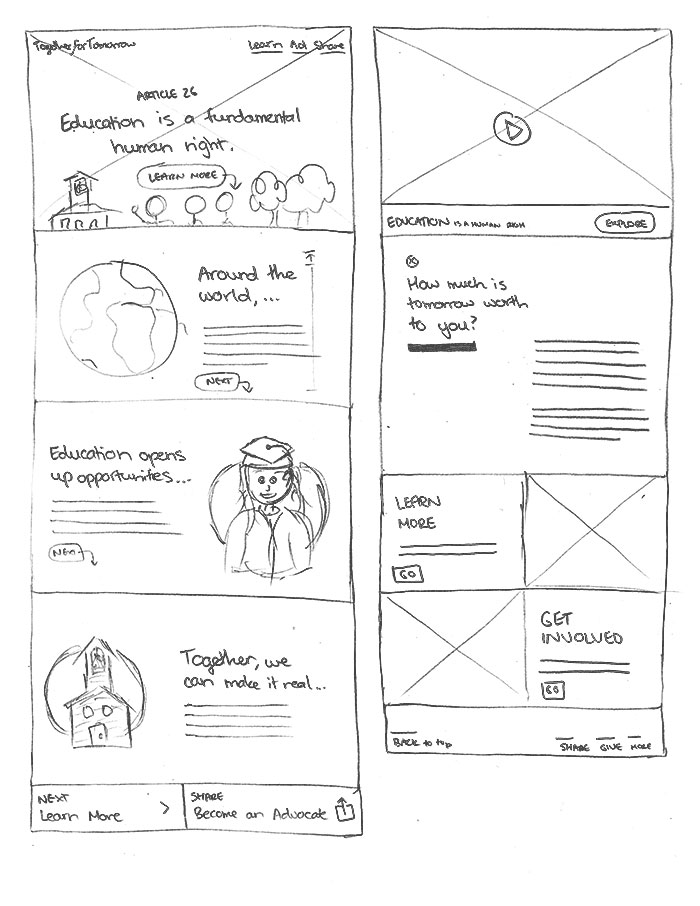 The second page of sketches, showing two hand-drawn website screens for the campaign