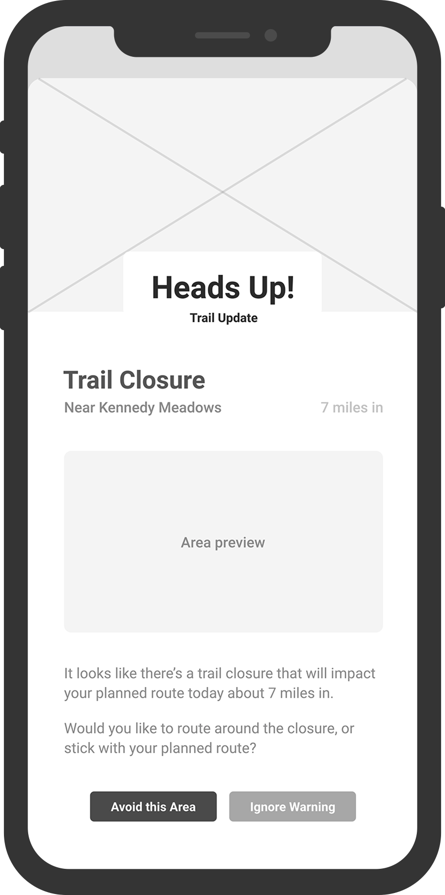 A grayscale wireframe of Topo's Trail Update screen displayed in an iPhone mockup, featuring an alert about a trail closure on the day's planned route.